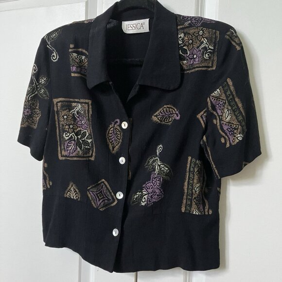 Vintage Jessica Blouse Womens Cropped Abstract Blouse Rayon 90s Boho - Picture 2 of 6